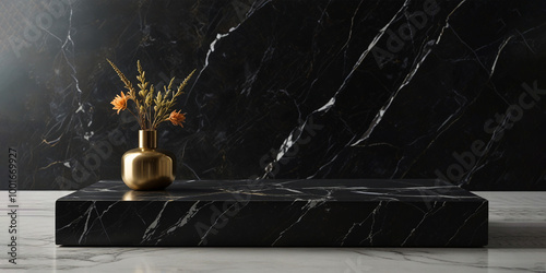 Black marble tabletop on panoramic window background. Stone countertop for luxury beauty products and food presentation.