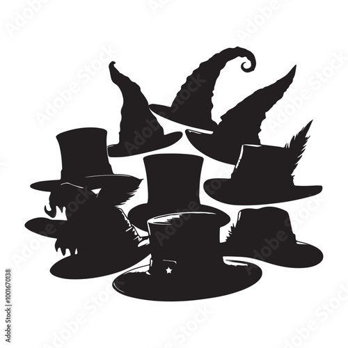 Vintage headwear accessories cast a spell with enchanter's hats silhouette on white background
