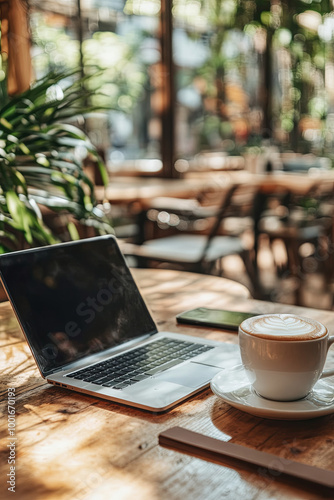 Business card with laptop and smartphone on a coffee shop table