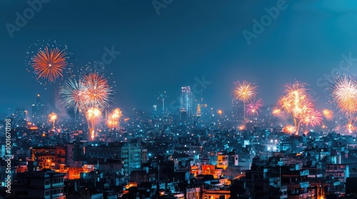 A vibrant city skyline illuminated by colorful fireworks against a deep blue night sky, creating a festive atmosphere.