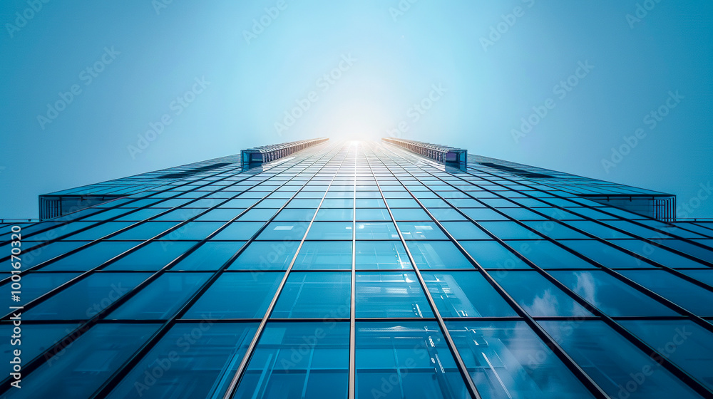 Perspective view of steel blue glass high-rise skyscraper building of modern city. Real estate business background Perspective view of steel blue glass high-rise skyscraper building of modern city. Real estate business background