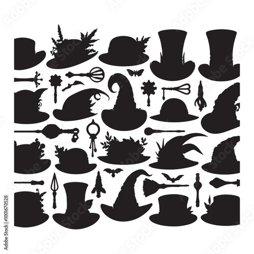 Vintage headwear accessories cast a spell with enchanter's hats silhouette on white background
