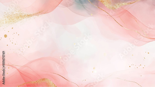 Abstract beautiful pink watercolor wash background with golden streaks