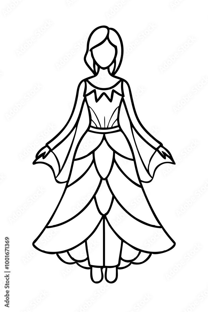 coloring Geometric figure in flowing gown with confident pose Sophistication Empowerment Glamour with cascading skirt and hand on hip on white background coloring Geometric figure in flowing gown with confident pose Sophistication Empowerment Glamour with cascading skirt and hand on hip on white background
