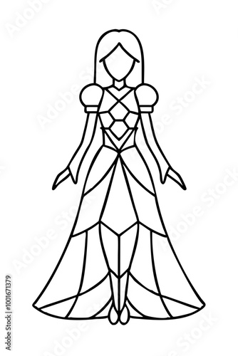coloring Geometric royal figure with commanding presence Power Elegance Authority in structured gown with puffed sleeves and corseted bodice on white background