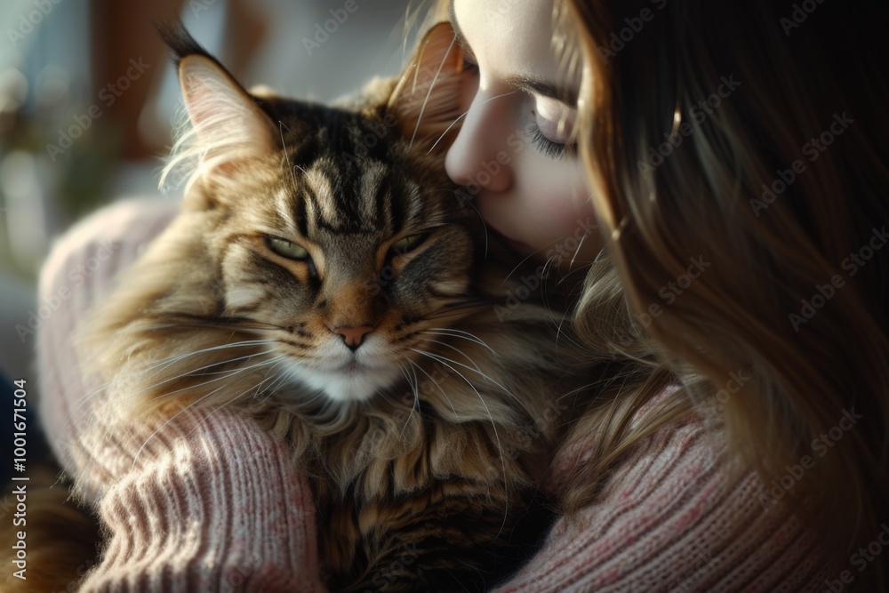 Close-up Portrait of a Girl Petting a Fluffy Cat Close-up Portrait of a Girl Petting a Fluffy Cat