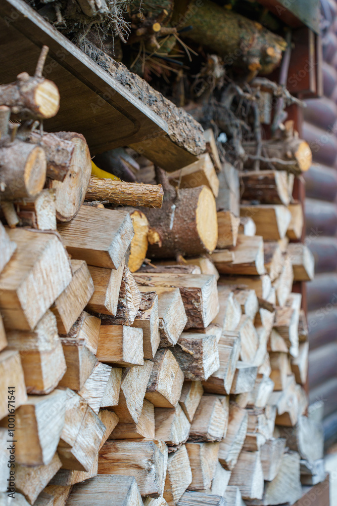 firewood in the yard, a stack of neatly chopped firewood is arranged by the side of a wooden cabin firewood in the yard, a stack of neatly chopped firewood is arranged by the side of a wooden cabin
