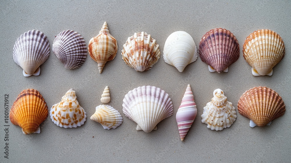 Symmetrical Arrangement of Colorful Seashells on Sand