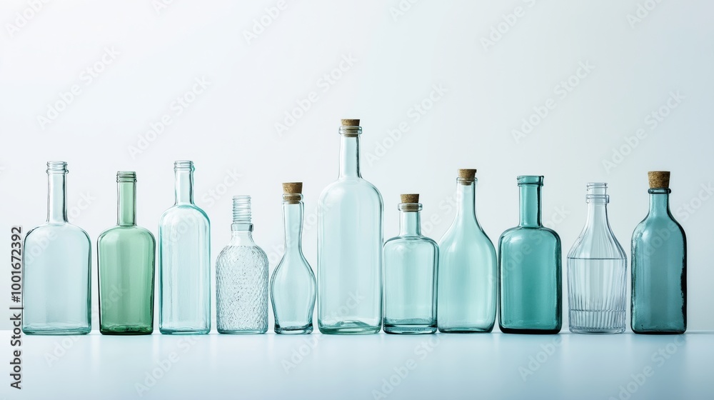 Neatly Arranged Glass Bottles Against White Background