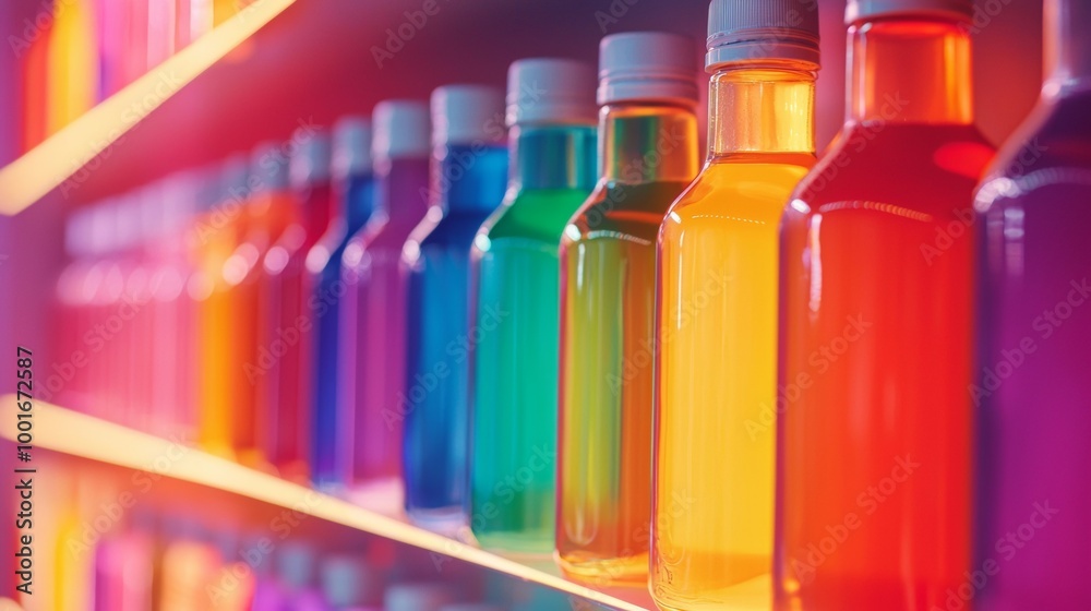 Colorful bottles in a vibrant retail display Colorful bottles in a vibrant retail display