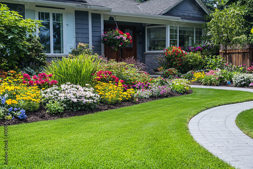 Newly landscaped front yard of a suburban home