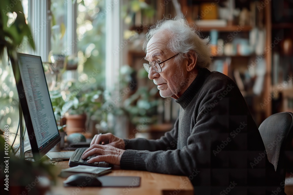 Elderly Caucasian man focused on typing at a wooden desk in a cozy room filled with plants and books during daylight hours Elderly Caucasian man focused on typing at a wooden desk in a cozy room filled with plants and books during daylight hours
