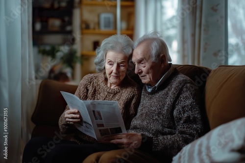 Elderly Caucasian couple sitting together at home, reading a brochure while enjoying quality time in their cozy living room