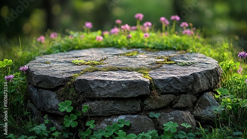 Stone Platform Surrounded by Lush Greenery
