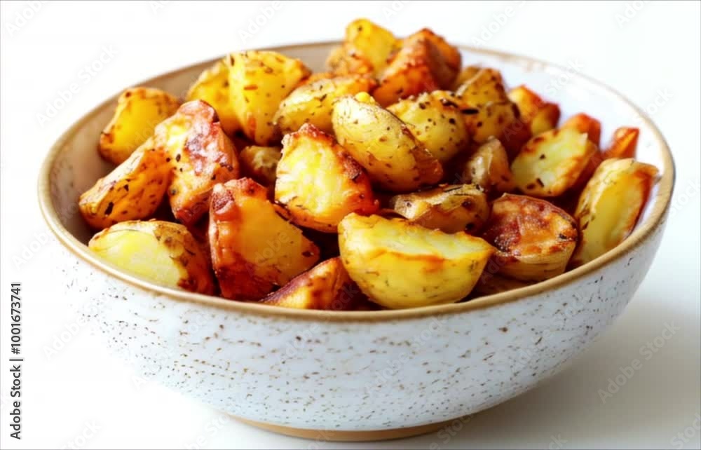 Fried seasoned potatoes in a bowl on white background. Traditional country style cuisine Fried seasoned potatoes in a bowl on white background. Traditional country style cuisine