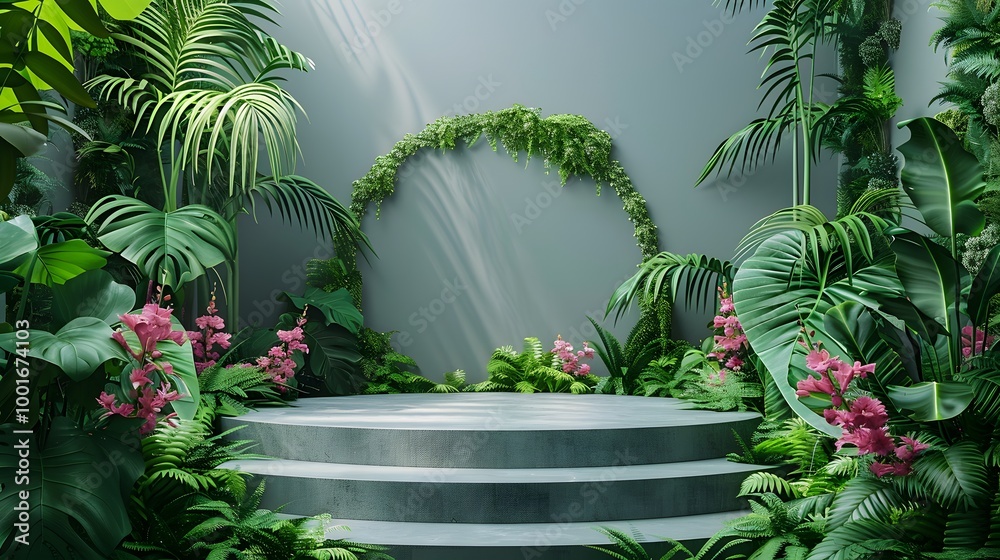 Silver podium with tropical greenery and flowers. Nature-inspired product display for beauty and luxury branding. Elegant botanical background with copy space for banners, marketing, and presentations