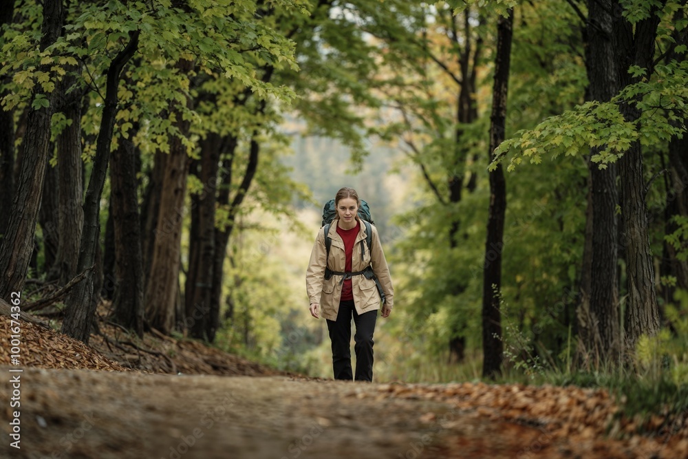 Portrait of a woman hiking in the forest wear a jacket and backpack