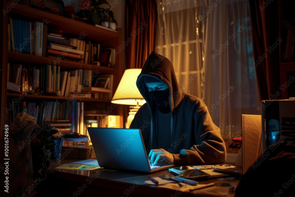 Mysterious Figure Working Late on a Laptop in a Dark Room Mysterious Figure Working Late on a Laptop in a Dark Room