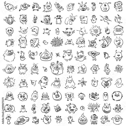 100 cute little monsters and weird things. Monochrome drawing