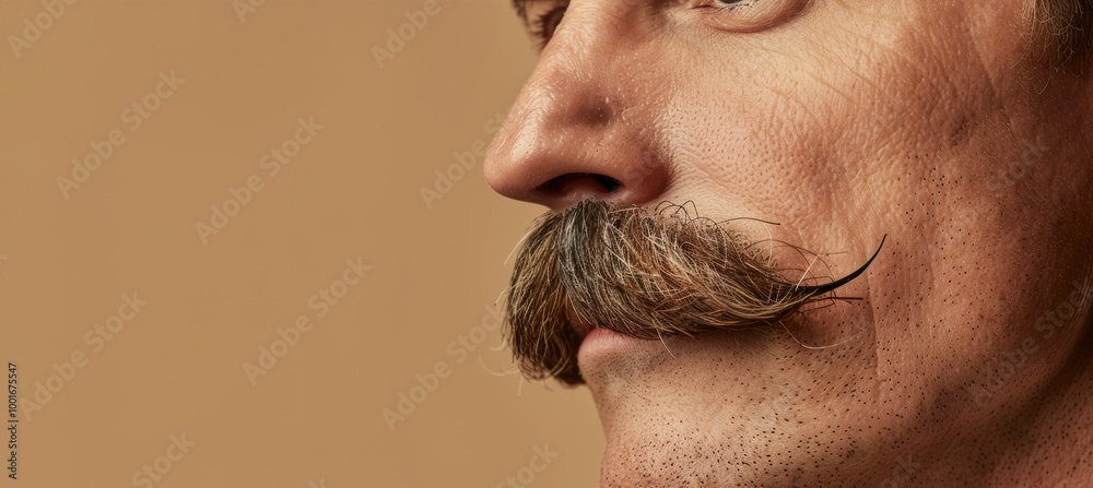 Fototapeta premium Minimalistic Website Hero Image Featuring Man with Styled Mustache for Text or Product Promotion