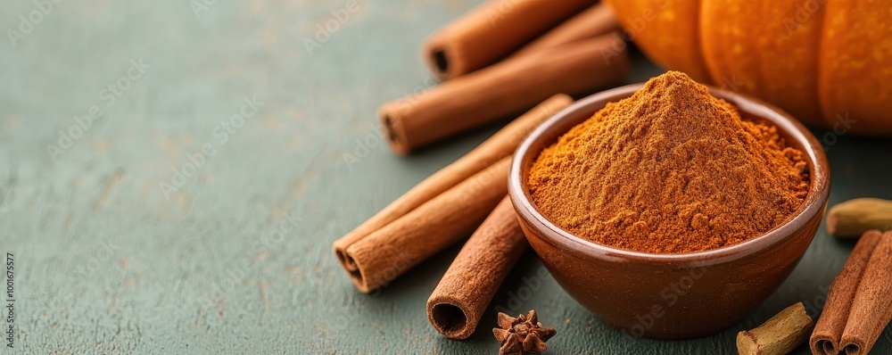 Bowl of pumpkin spice and cinnamon sticks on a textured surface. Bowl of pumpkin spice and cinnamon sticks on a textured surface.