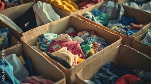 Heartwarming Charity Donation Scene with Boxes of Clothes, Toys, and Household Items in Pastel Hues