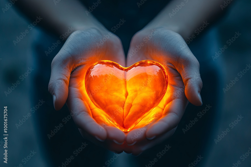 Hands holding a glowing heart, representing care and well-being Hands holding a glowing heart, representing care and well-being