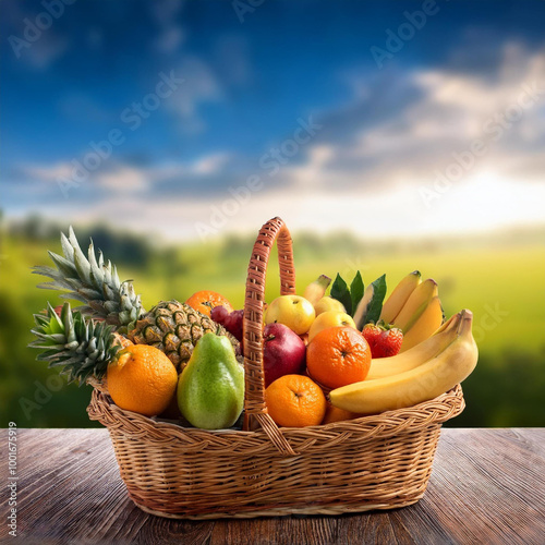 Fresh fruit with groceries in a basket with a nature background 