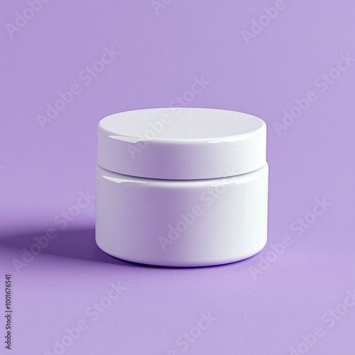 Plain white container resting on a smooth lavender surface, ideal for product display or storage