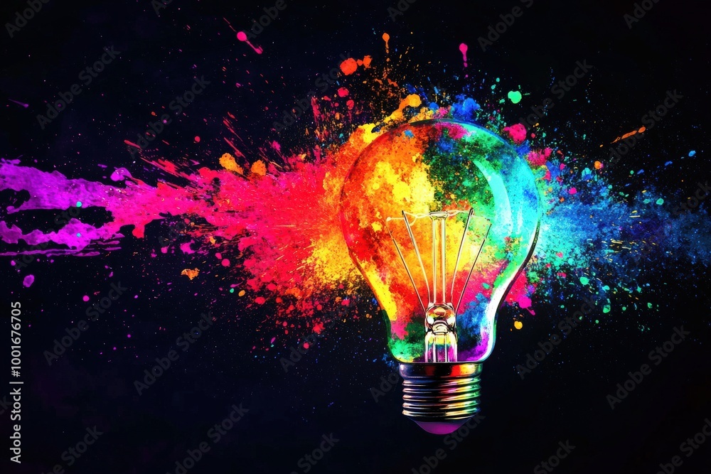 A colorful light bulb with a splash of paint around it, generative ai image A colorful light bulb with a splash of paint around it, generative ai image
