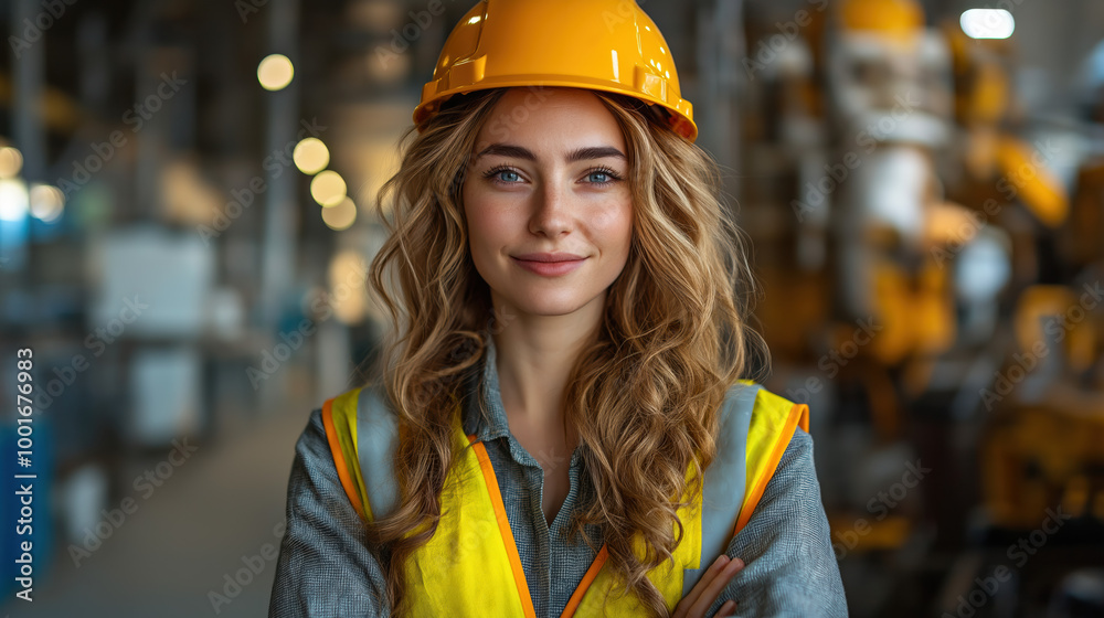 Female Engineer In A High Visibility Vest And Hard Hat Standing With Arms Crossed Looking At The Camera Smiling, With A Factory Background Female Engineer In A High Visibility Vest And Hard Hat Standing With Arms Crossed Looking At The Camera Smiling, With A Factory Background