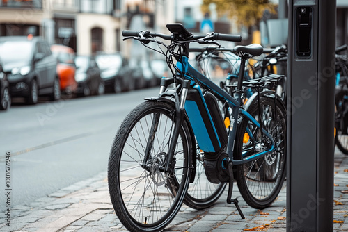 Electric bicycles parked at a charging dock in a city