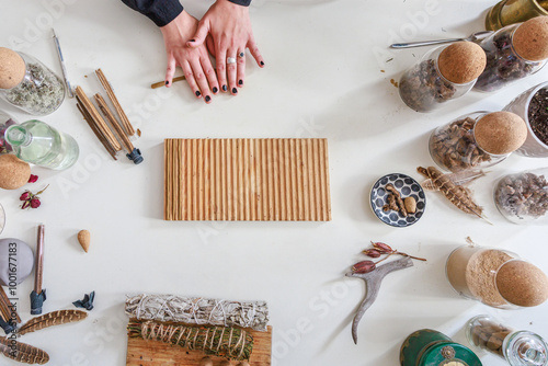 Top view of incense sticks handmade production. photo