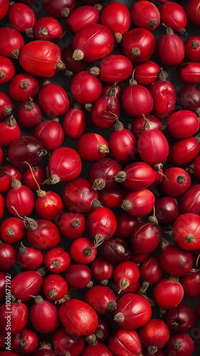 Close-up of ripe red rosehip berries. Top view. Generated AI