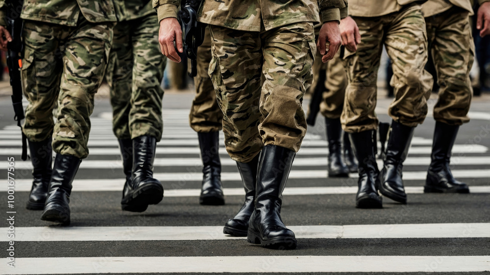 Soldiers marching across a crosswalk in uniform Soldiers marching across a crosswalk in uniform