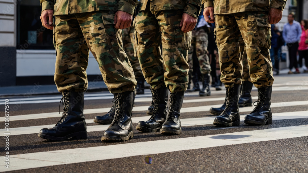 A group of soldiers in camouflage uniforms march across a crosswalk in sync, showcasing discipline and military order in an urban environment. A group of soldiers in camouflage uniforms march across a crosswalk in sync, showcasing discipline and military order in an urban environment.