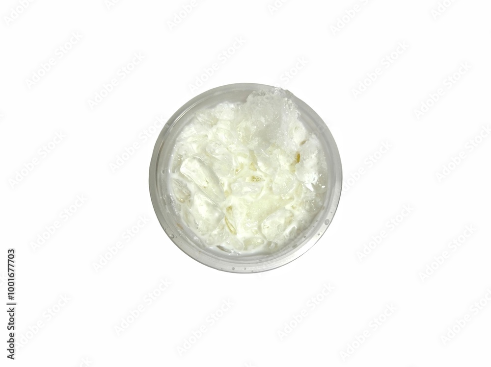 Glass of iced cow milk isolated on white background. Beverage menu. Top view Glass of iced cow milk isolated on white background. Beverage menu. Top view