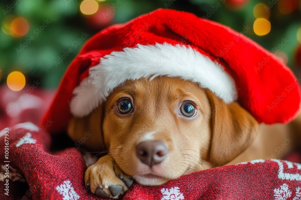 A playful puppy wearing a Santa hat relaxing on a festive blanket beside a beautifully decorated Christmas tree A playful puppy wearing a Santa hat relaxing on a festive blanket beside a beautifully decorated Christmas tree