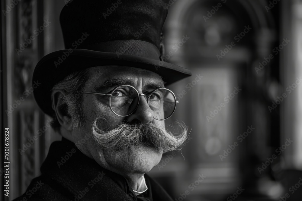 Vintage Gentleman with Curled Mustache in Black and White Victorian ...