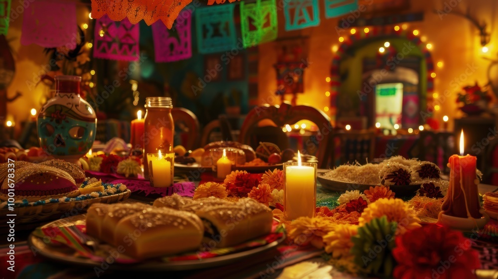 Traditional Day of the Dead Altar with Pan de Muerto, Flowers, Candles, and Papel Picado Decorations Traditional Day of the Dead Altar with Pan de Muerto, Flowers, Candles, and Papel Picado Decorations