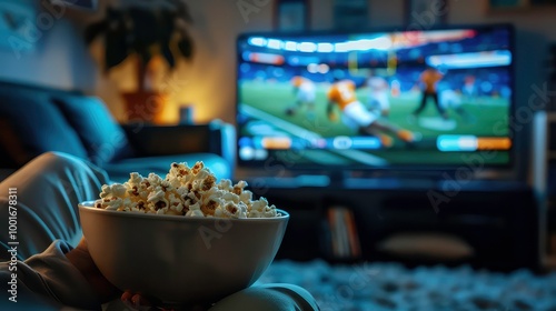 A bowl of popcorn is in the foreground, with a blurry television in the background showing a football game.
