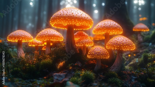 Magical glowing mushrooms in a forest, fantasy nature art, digital painting