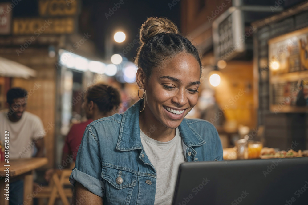 Portrait of happy African American woman student is smiling in night restaurant while looking at a laptop Portrait of happy African American woman student is smiling in night restaurant while looking at a laptop