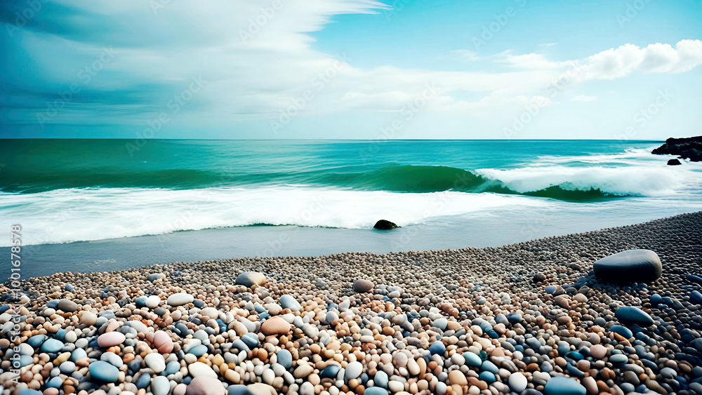 Vibrant, smooth pebbles of various colors lie on a scenic beach by the ocean. The sunny landscape and calm waters create a serene atmosphere. Vibrant, smooth pebbles of various colors lie on a scenic beach by the ocean. The sunny landscape and calm waters create a serene atmosphere.