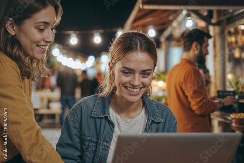 Two beautiful and pretty women using a laptop in a street night cafe. They are watching a video or an online broadcast. They are happy and smiling