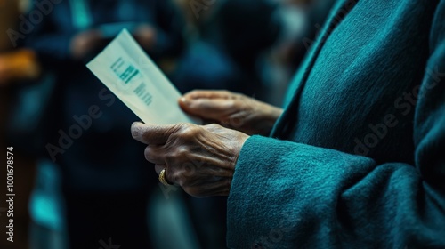 Image of a senior citizen carefully examining a ballot paper before casting their vote in an election, emphasizing the significance of civic responsibility and democratic participation