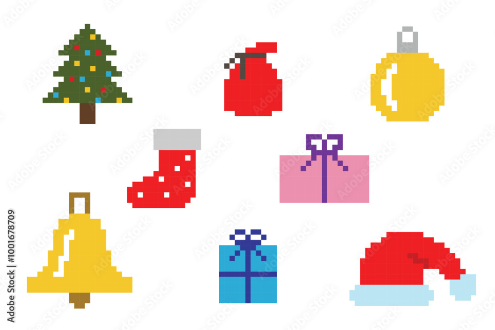 et of vector pixel objects. Christmas Icon for a Pixel Game, Holiday Cards or Festive Scrapbooking Elements. et of vector pixel objects. Christmas Icon for a Pixel Game, Holiday Cards or Festive Scrapbooking Elements.