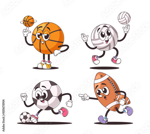 Cartoon Sports Balls Featuring Basketball, Volleyball, Soccer And Football Characters With Expressive Faces And Sneakers