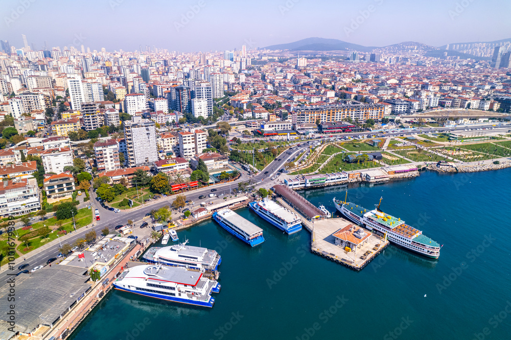 Fototapeta premium Bostanci District in Kadikoy. Istanbul, Turkey. Beautiful aerial view with drone shot.