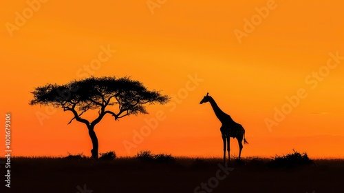 A single giraffe and an acacia tree are silhouetted against a vibrant orange sunset sky in the African savanna.